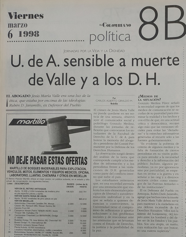 Fotografía tomada de la edición del 6 de marzo de 1998 del periódico El Colombiano.