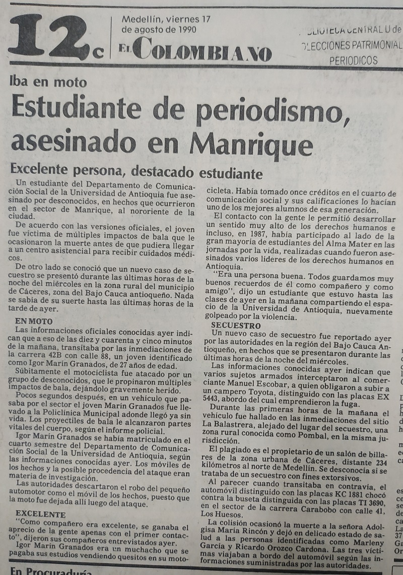 Fotografías tomadas de la edición del 17 de agosto de 1990 del periódico El Colombiano