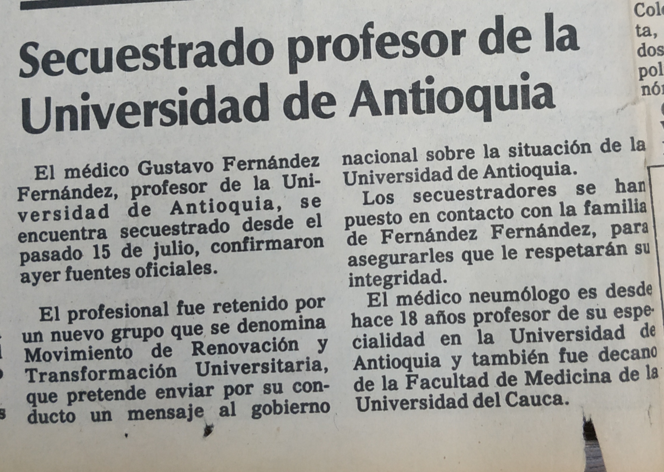 Fotografía tomada de la edición del 22 de julio de 1988 del periódico El Colombiano
