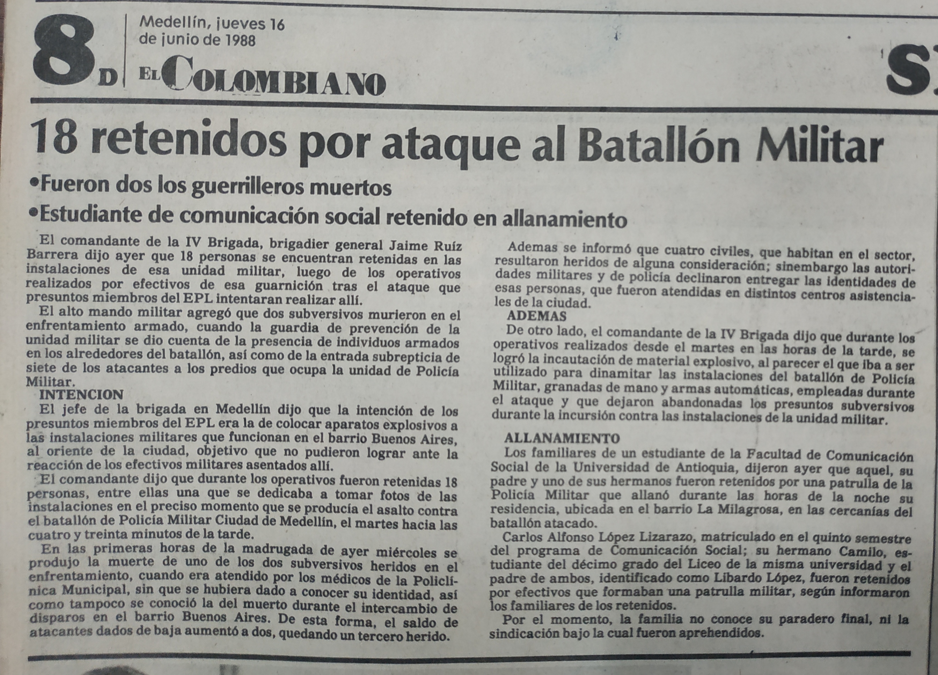 Fotografía tomada de la edición del 16 de junio de 1988 del periódico El Colombiano
