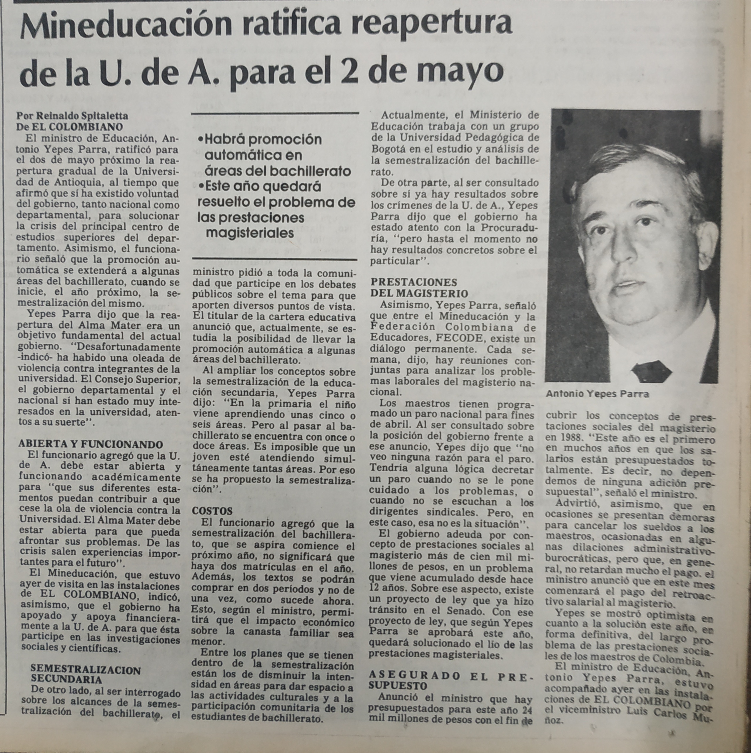Fotografía tomada de la edición del 17 de abril de 1988 del periódico El Colombiano
