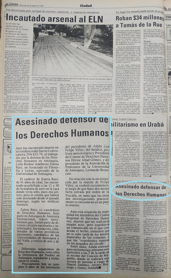 Fotografías tomadas de la edición del 25 de agosto de 1993 del periódico El Colombiano y el periódico El Mundo.