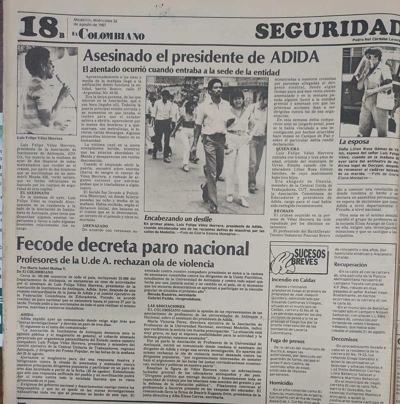 Fotografía tomada de la edición del 26 de agosto de 1987 del periódico El Colombiano.