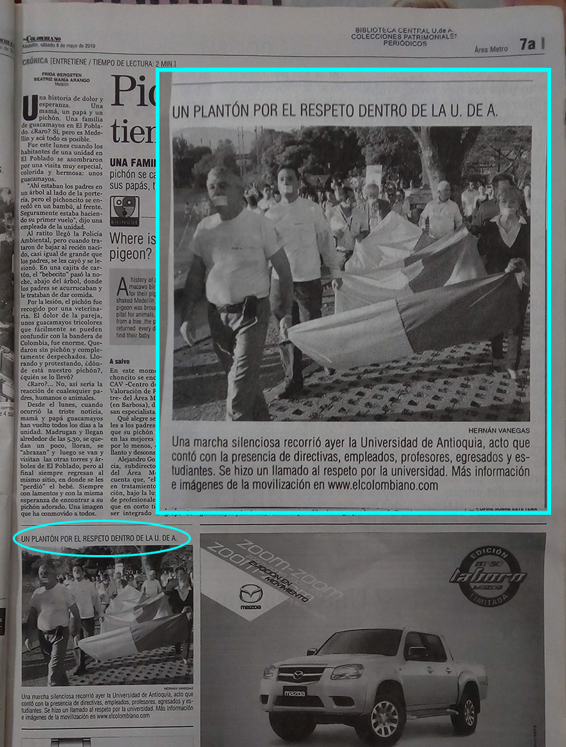 Fotografía tomada de la edición del 8 de mayo de 2010 del periódico El Colombiano