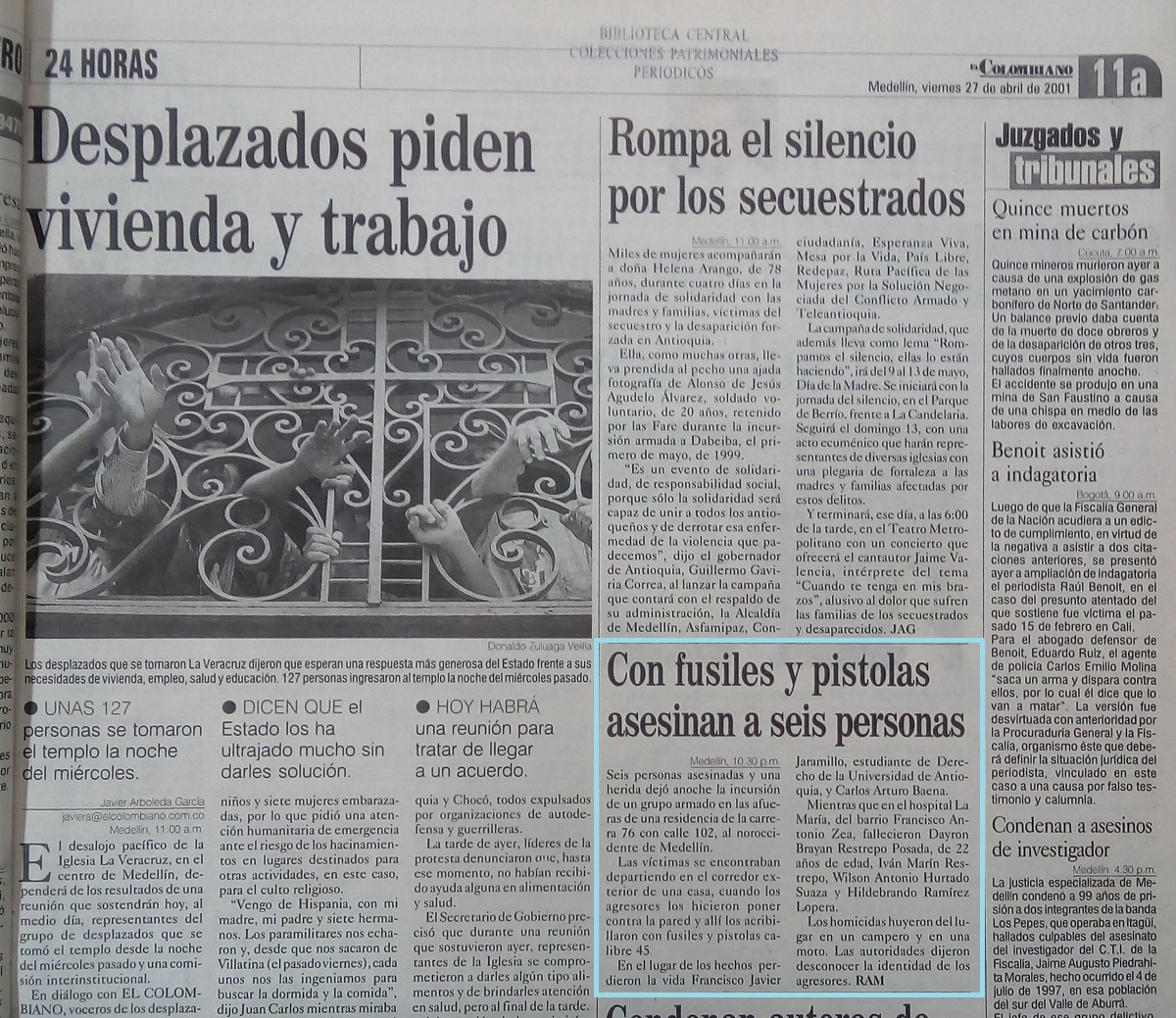 Fotografía tomada de la edición del 27 de abril del 2001 del periódico El Colombiano