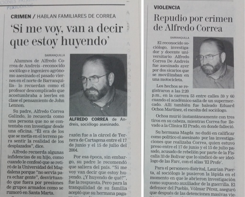 Así reportó el diario El Tiempo el asesinato del profesor Alfredo Correa de Andréis. 