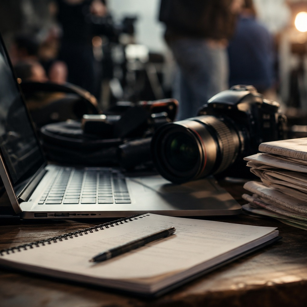 Cámara, computador portátil y cuaderno con lápiz sobre una mesa de trabajo periodístico